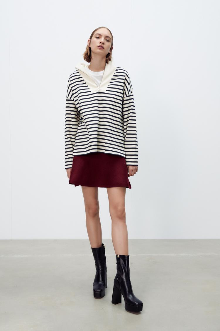 Popular ZARA STRUCTURED STRIPED SWEATSHIRTnECRU / RED